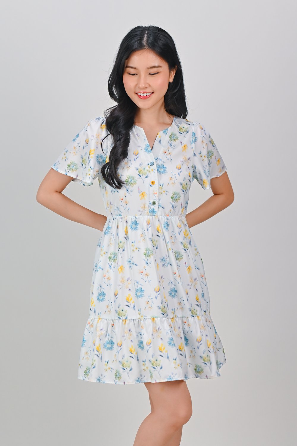 MILANIS BLUE/YELLOW FLORAL FLOUNCE SHIRT-DRESS MILANIS BLUE/YELLOW FLORAL FLOUNCE SHIRT-DRESS