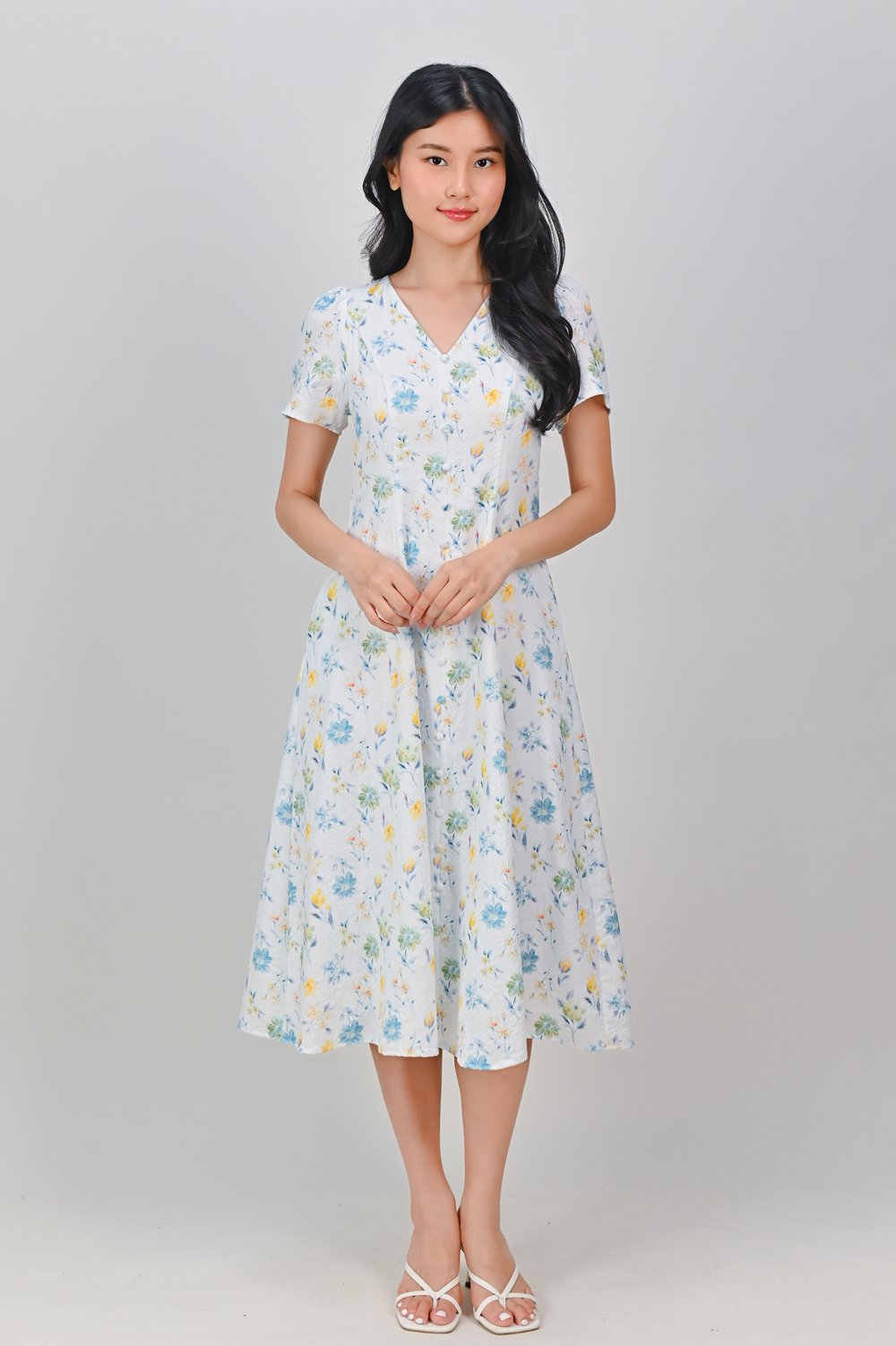 THERON BLUE/YELLOW FLORAL SLEEVED BUTTON DRESS