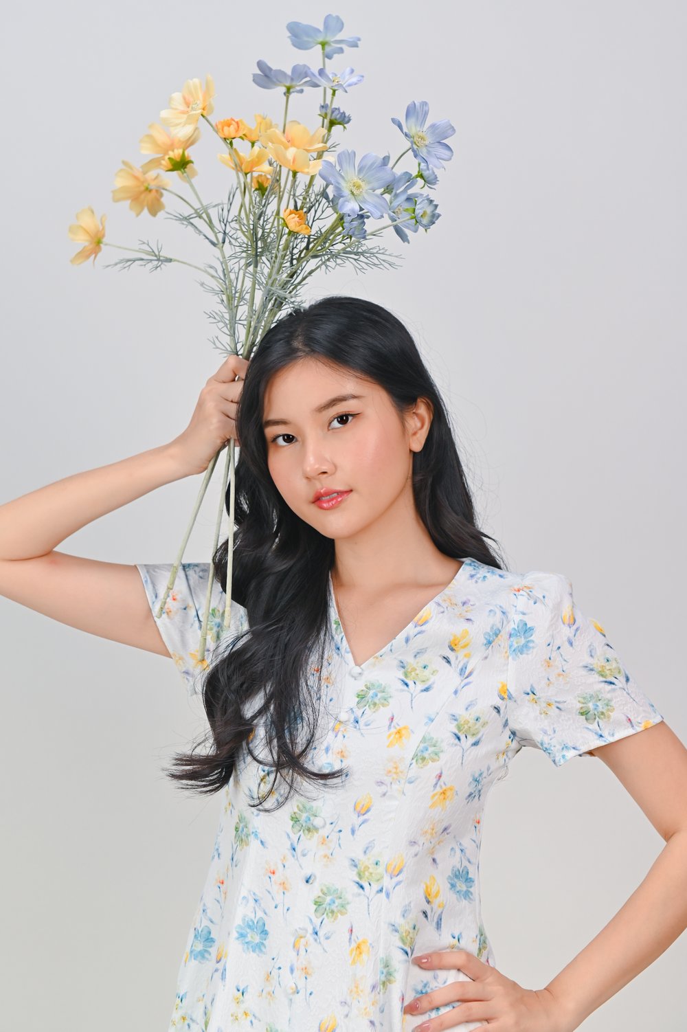 THERON BLUE/YELLOW FLORAL SLEEVED BUTTON DRESS