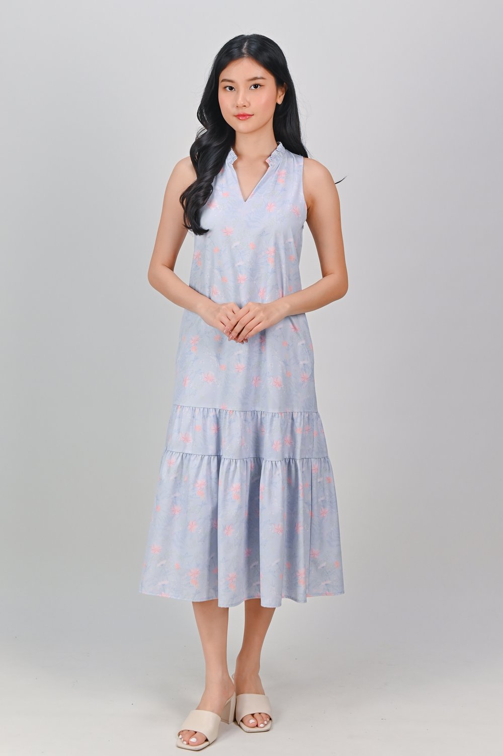 FLORAL PROVINCE BLUE FRILL-NECK TIERED DRESS FLORAL PROVINCE BLUE FRILL-NECK TIERED DRESS