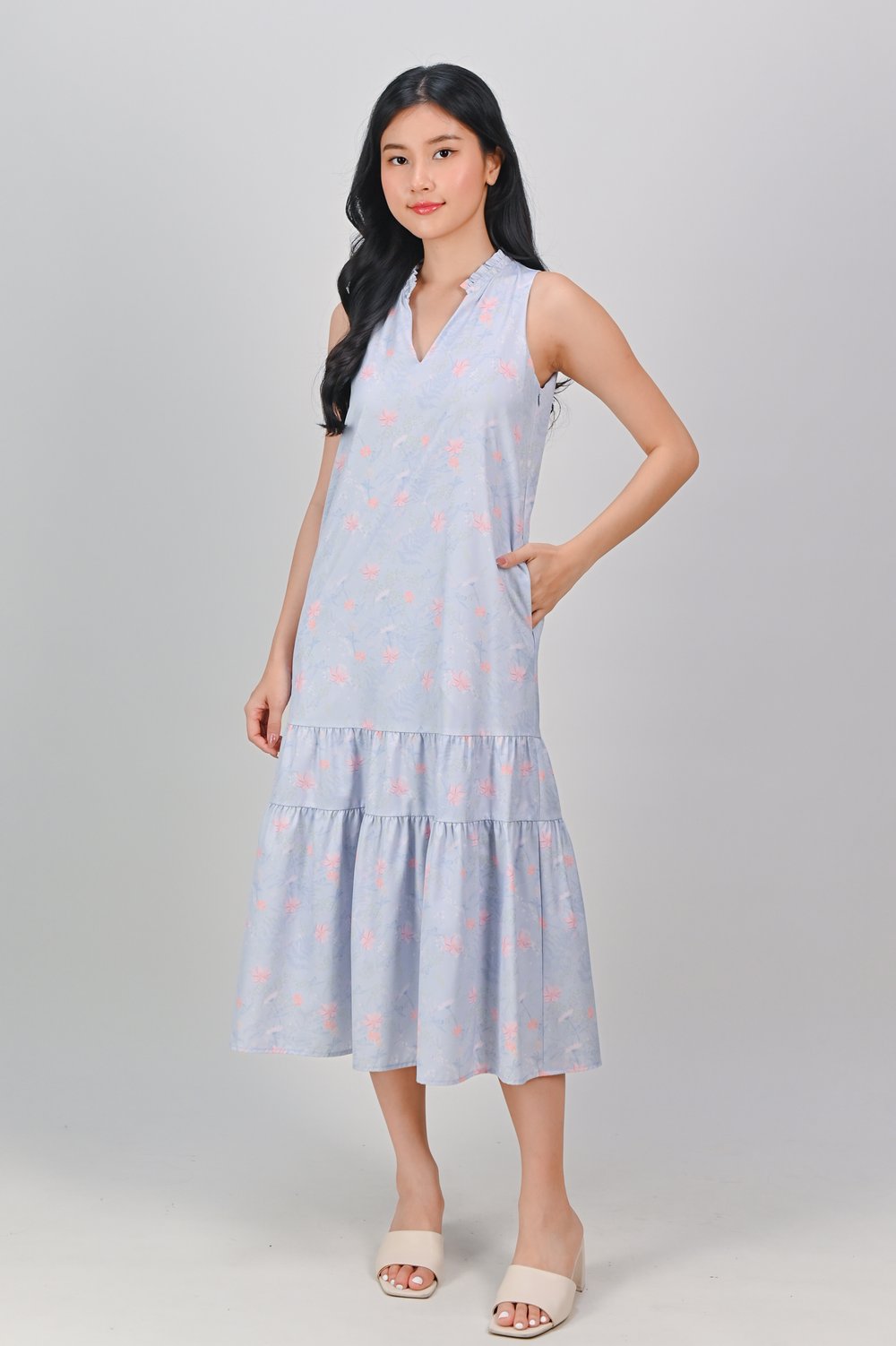 FLORAL PROVINCE BLUE FRILL-NECK TIERED DRESS FLORAL PROVINCE BLUE FRILL-NECK TIERED DRESS