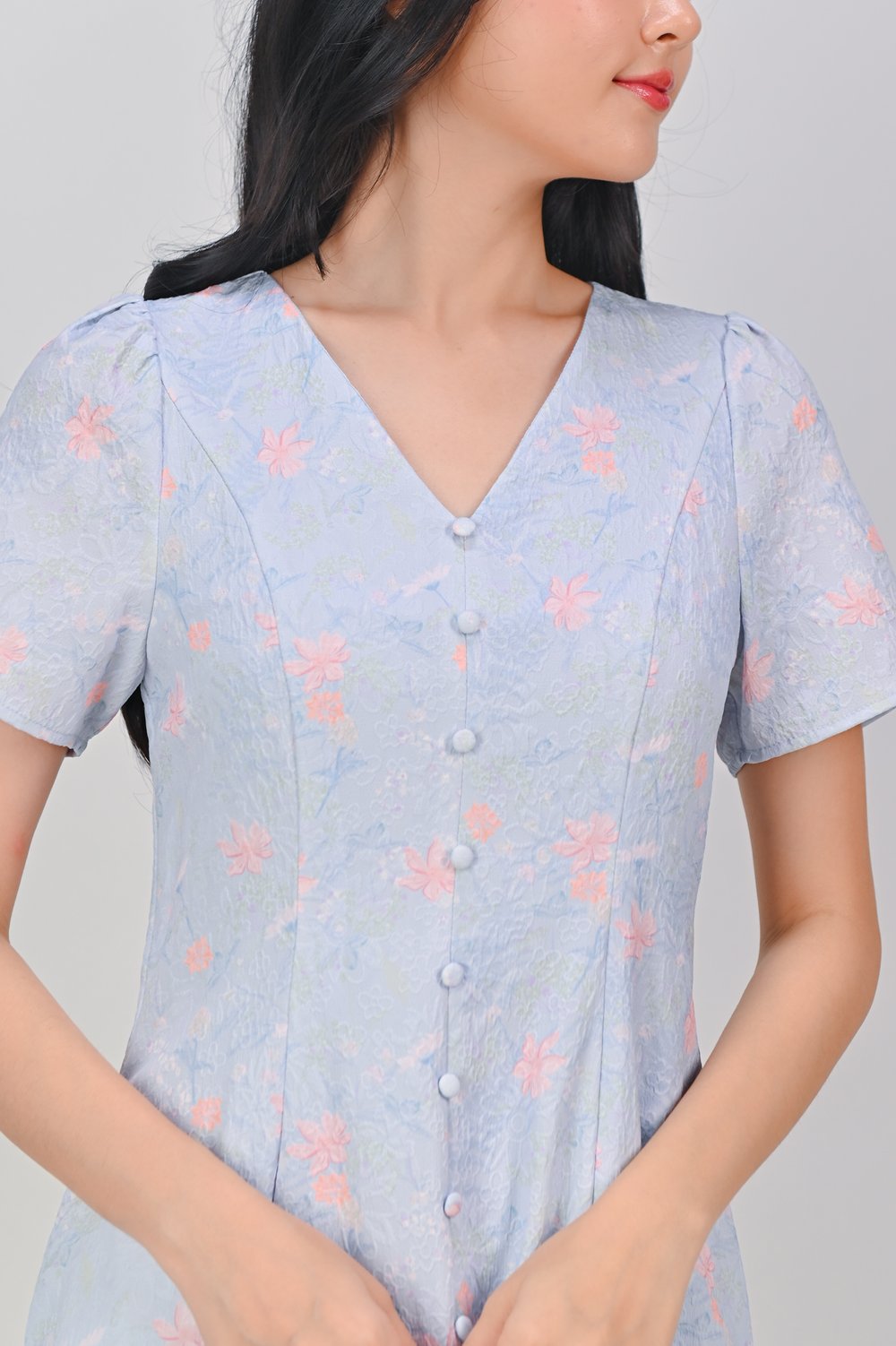 FLORAL PROVINCE BLUE SLEEVED BUTTON DRESS