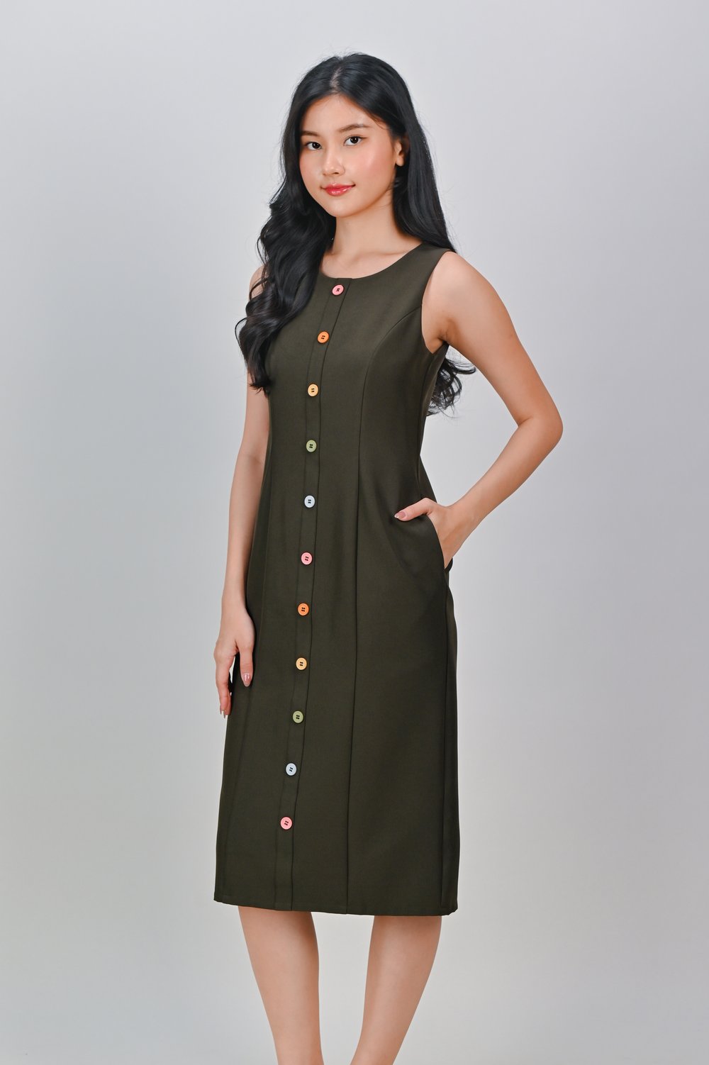 TEMARA BUTTON PENCIL DRESS IN OLIVE TEMARA BUTTON PENCIL DRESS IN OLIVE