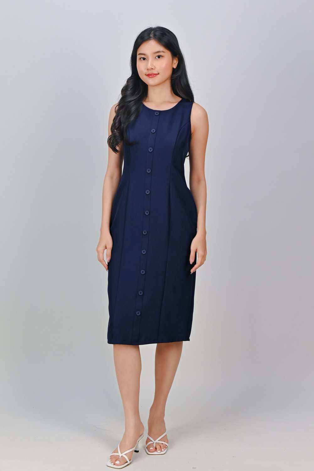 TEMARA BUTTON PENCIL DRESS IN NAVY TEMARA BUTTON PENCIL DRESS IN NAVY