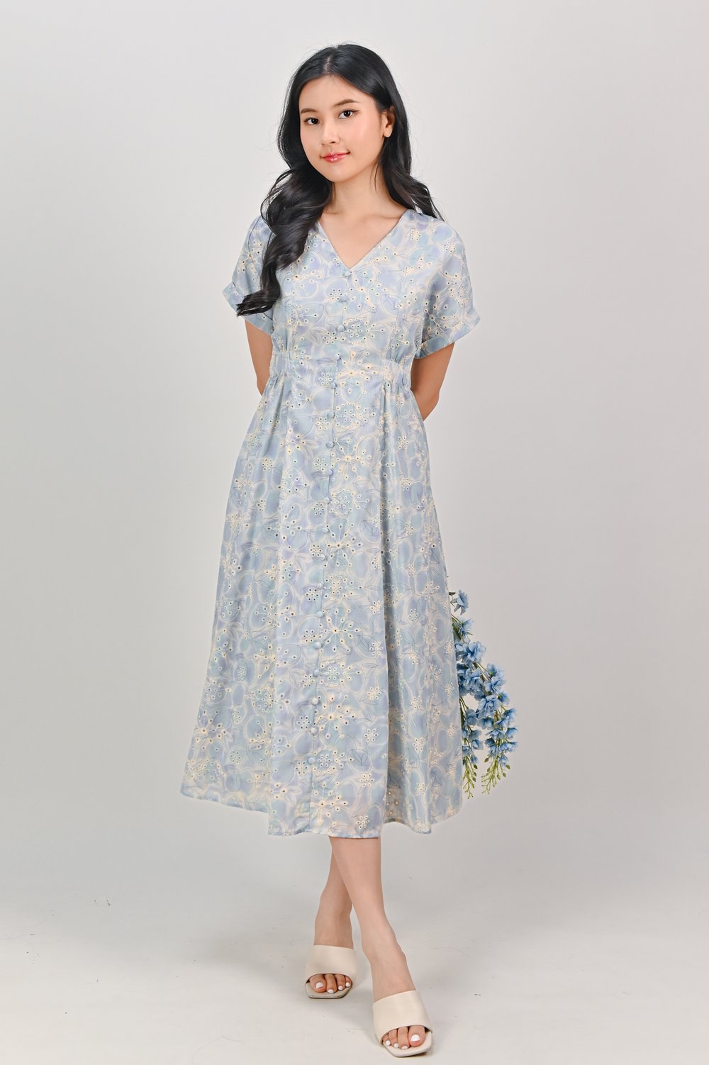 RIDLEY BLUE EYELET FLORAL SLEEVED MIDI DRESS RIDLEY BLUE EYELET FLORAL SLEEVED MIDI DRESS