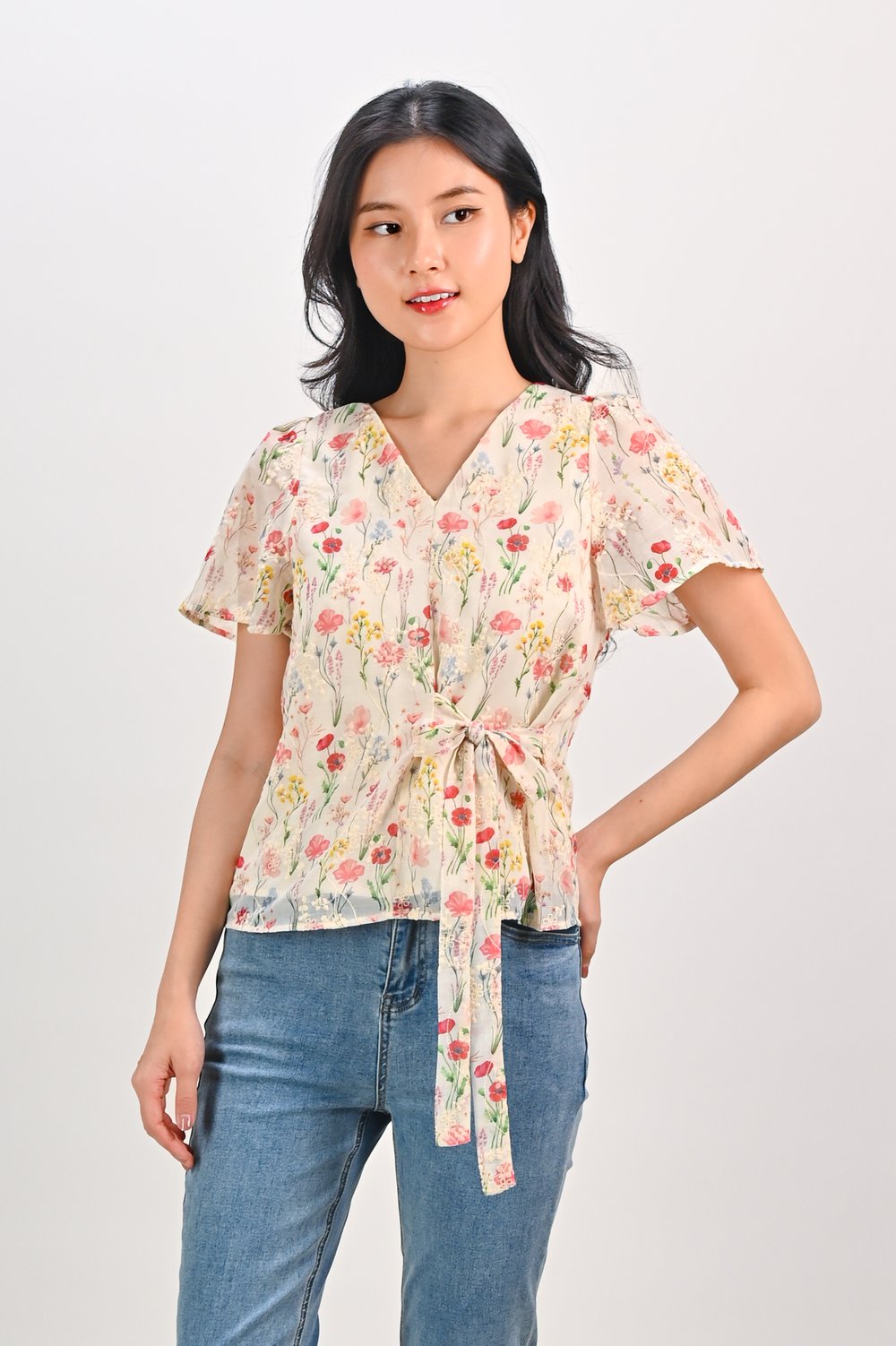LUNE FLORAL SLEEVED TIE-SASH TOP