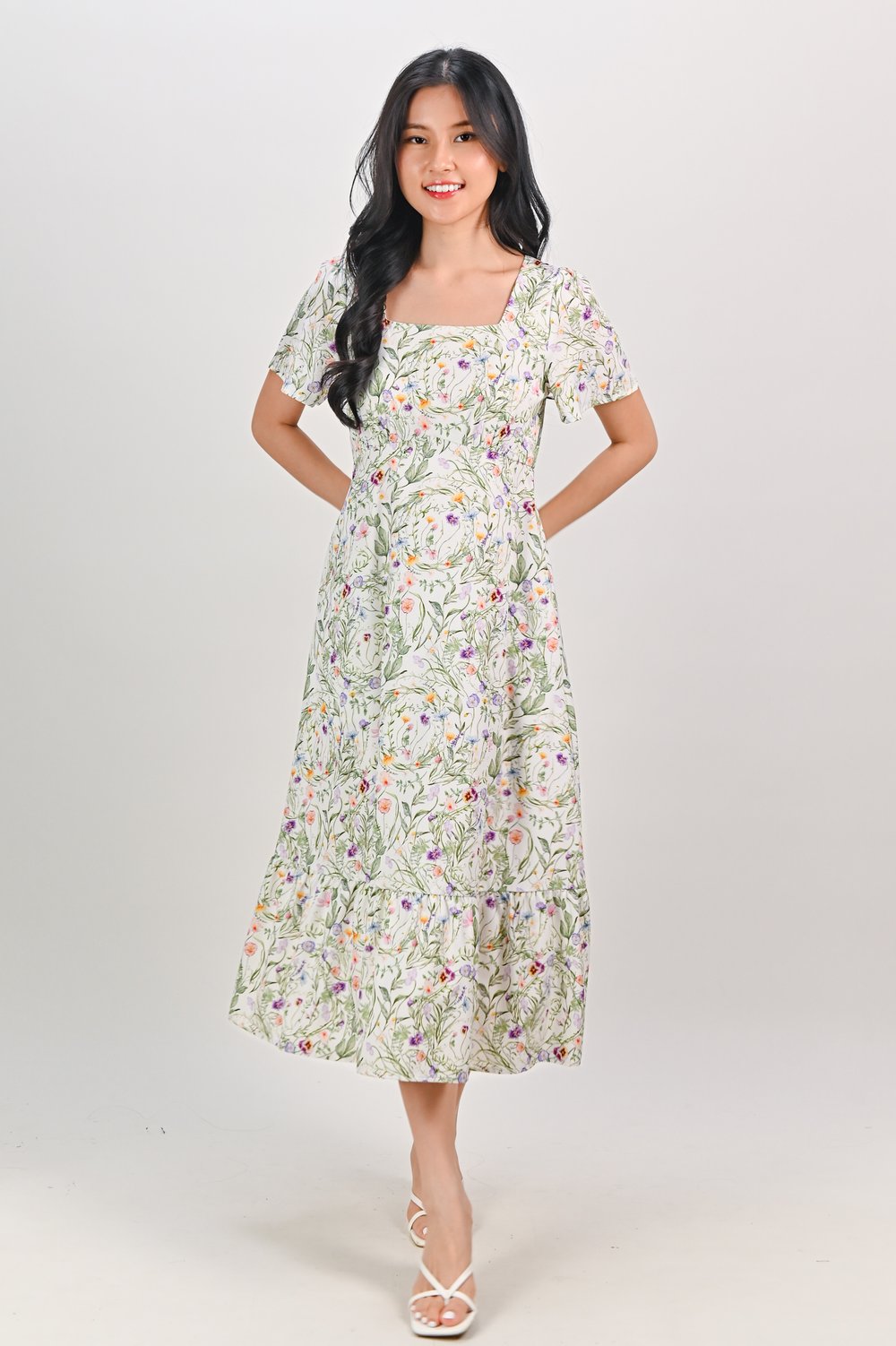LOLA’S GARDEN SQUARE-NECK DRESS IN WHITE