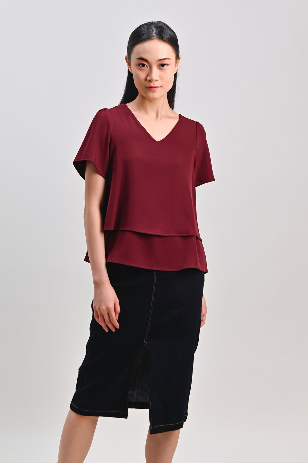 PEIPEI SLEEVED LAYERED TOP IN WINE RED