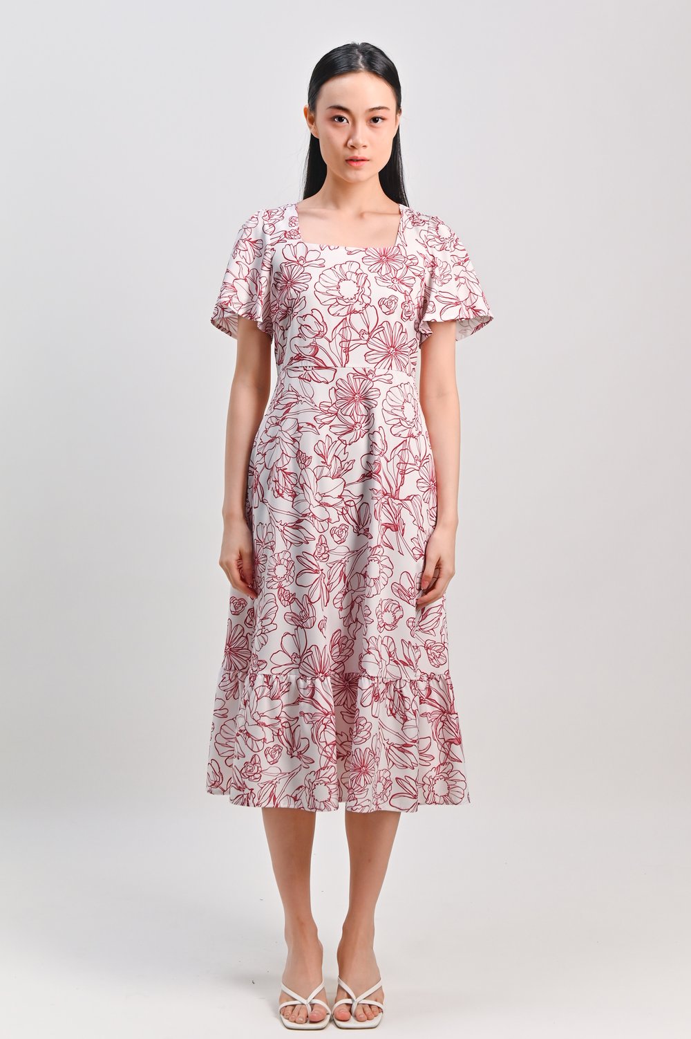 RED SKETCHED FLORALS SQUARE-NECK MIDI DRESS RED SKETCHED FLORALS SQUARE-NECK MIDI DRESS