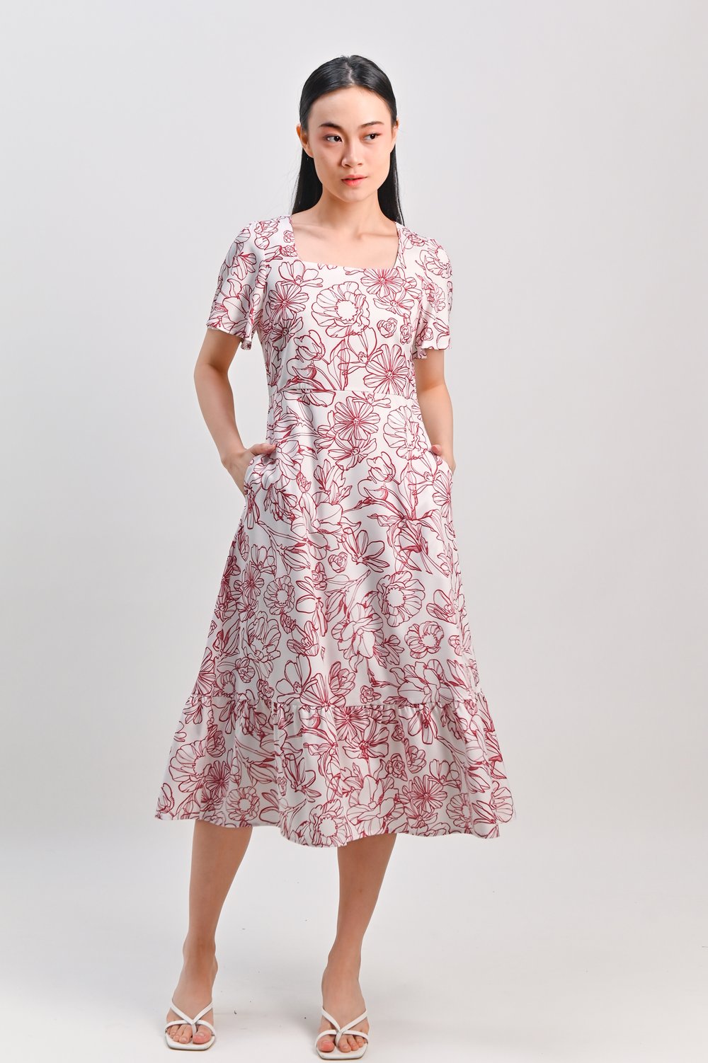 RED SKETCHED FLORALS SQUARE-NECK MIDI DRESS RED SKETCHED FLORALS SQUARE-NECK MIDI DRESS