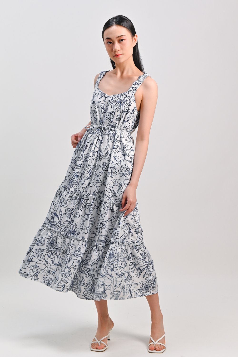 NAVY SKETCHED FLORALS THICK-STRAP DRESS NAVY SKETCHED FLORALS THICK-STRAP DRESS