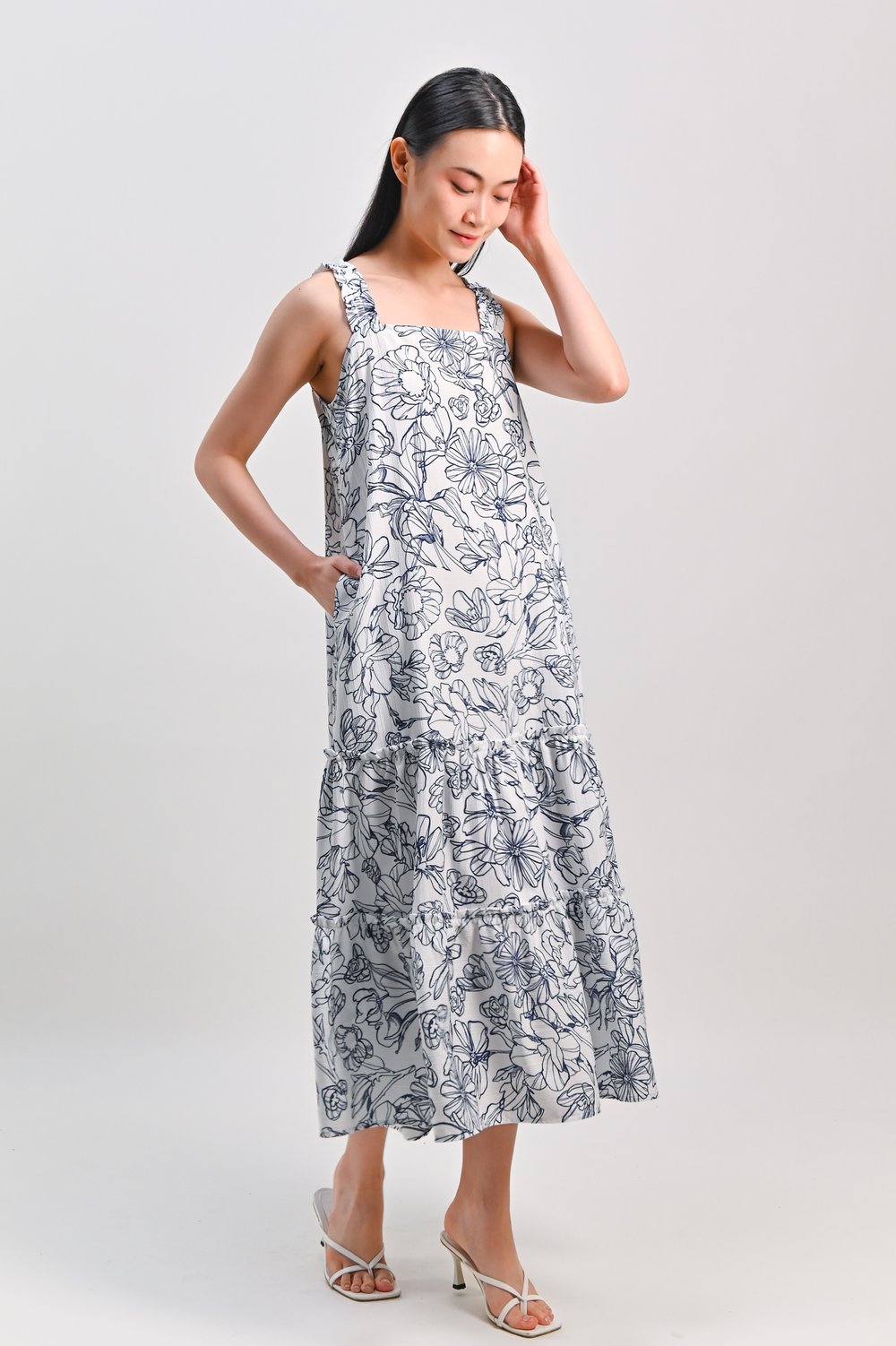 NAVY SKETCHED FLORALS THICK-STRAP DRESS NAVY SKETCHED FLORALS THICK-STRAP DRESS