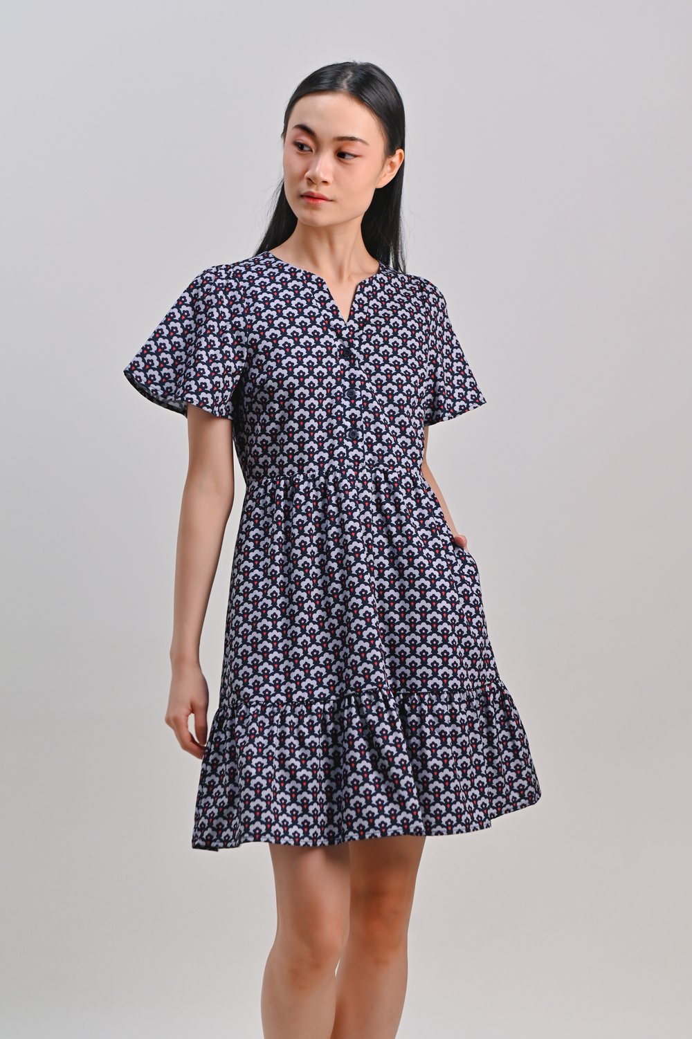 NAVY TRUMPET FLORAL SLEEVED BUTTON DRESS