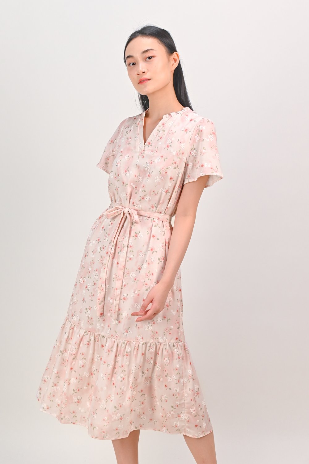 SEFANI PINK FLORAL FRILL-NECK DROPWAIST DRESS SEFANI PINK FLORAL FRILL-NECK DROPWAIST DRESS