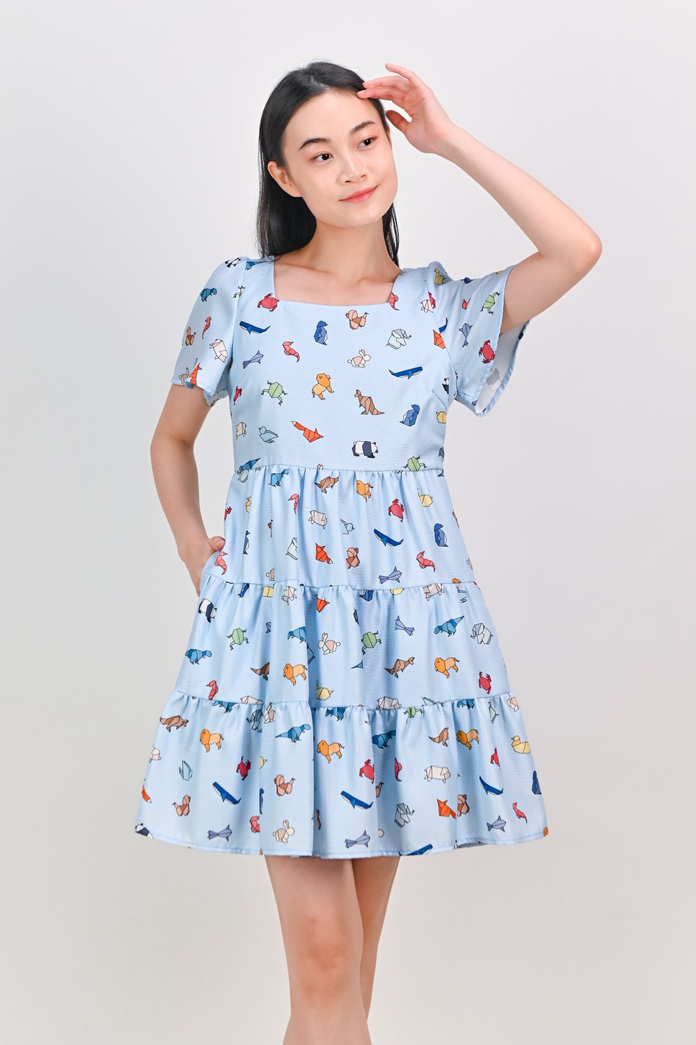 BLUE ORIGAMI ZOO SQUARE-NECK TIERED DRESS