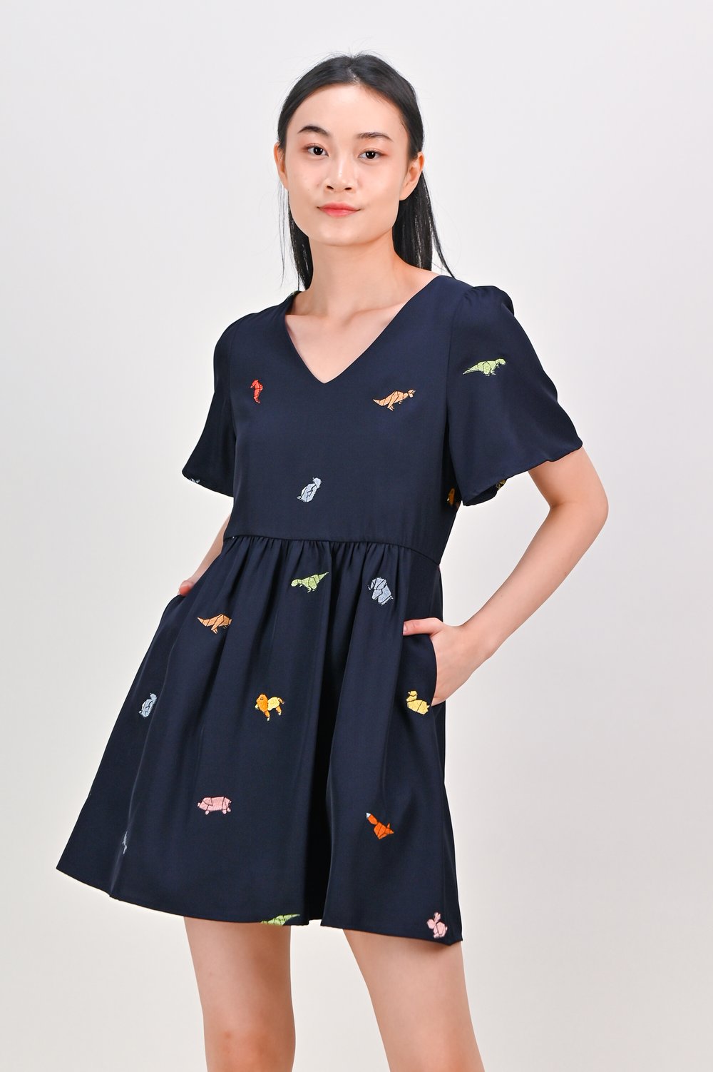 ORIGAMI ZOO NAVY EMB. V-NECK DRESS-ROMPER ORIGAMI ZOO NAVY EMB. V-NECK DRESS-ROMPER