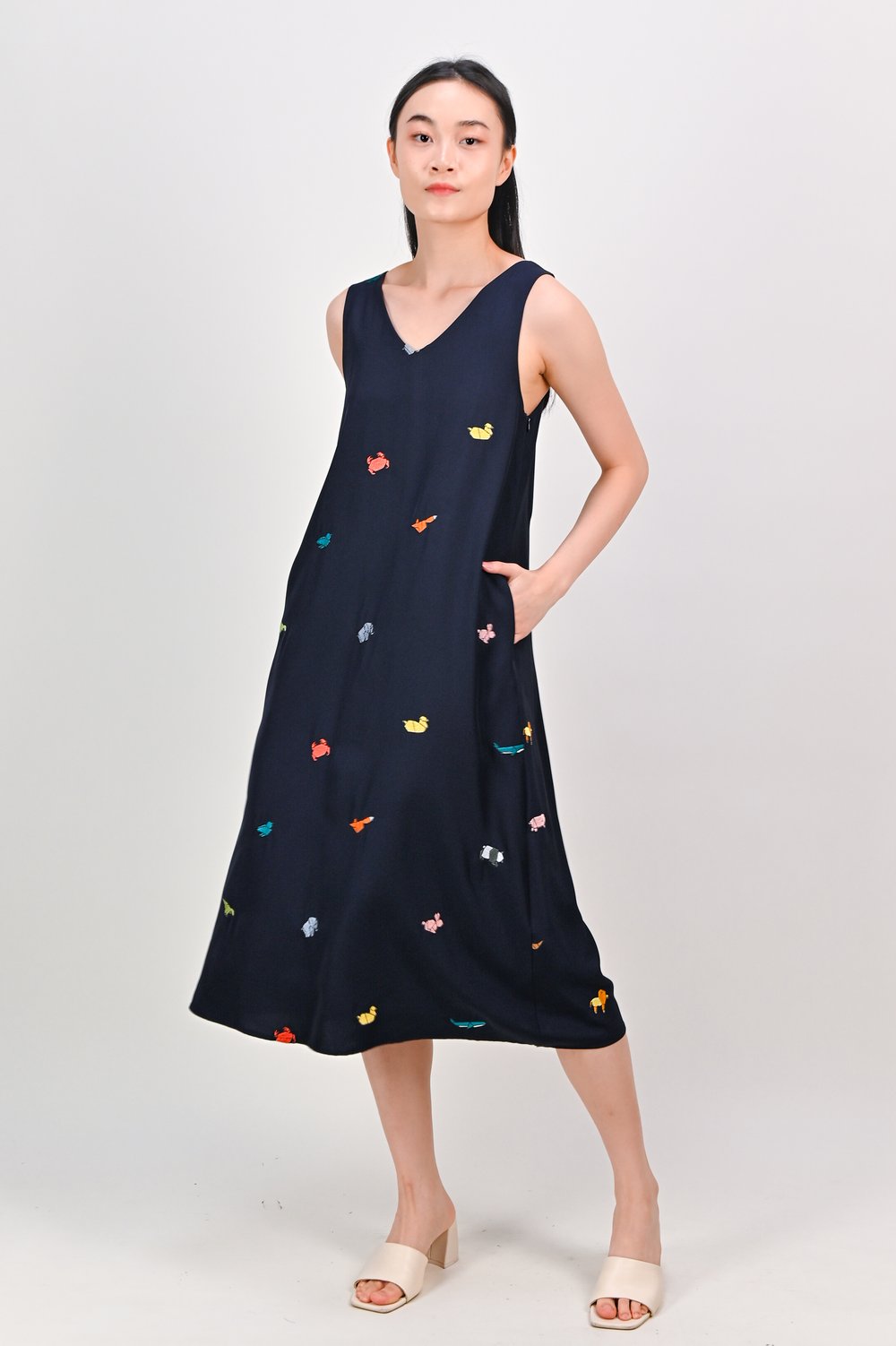 ORIGAMI ZOO NAVY EMB. TWO-WAY MIDI DRESS ORIGAMI ZOO NAVY EMB. TWO-WAY MIDI DRESS
