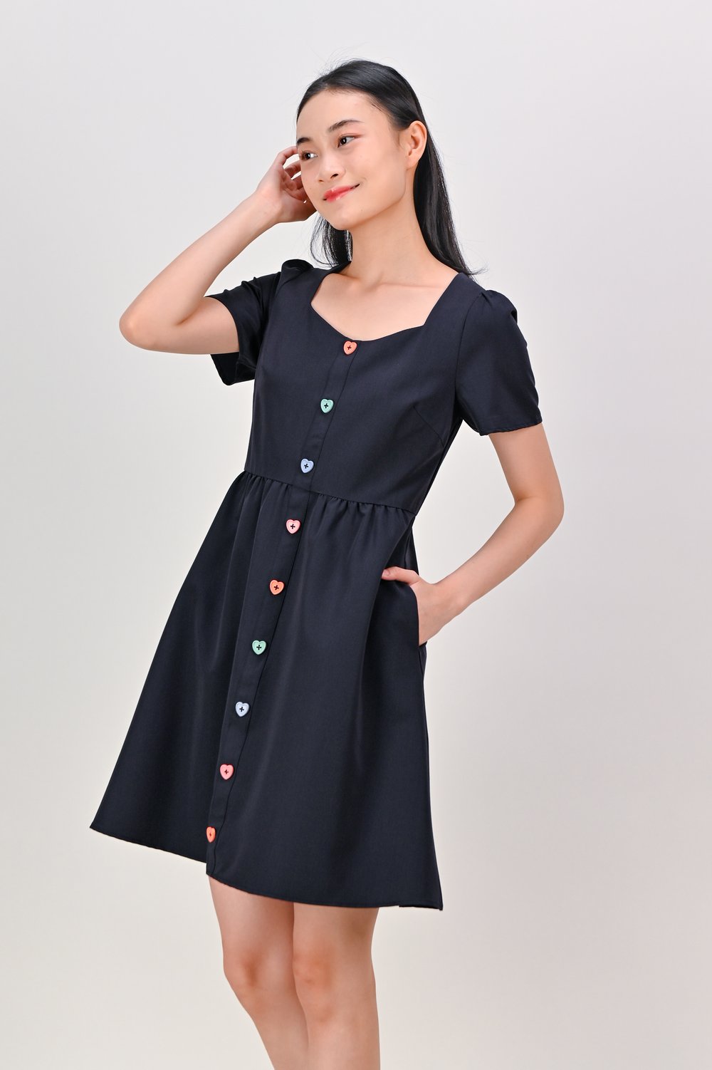 ETTA HEART-BUTTON SWEETHEART DRESS IN NAVY