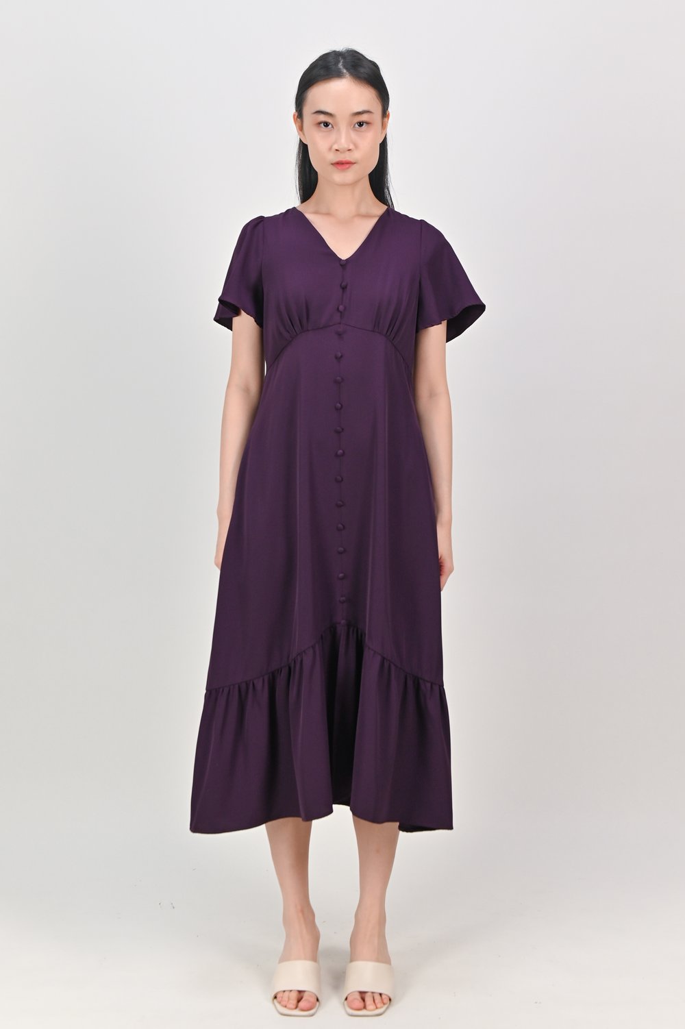 IRIE SLEEVED V-NECK BUTTON DRESS IN PURPLE