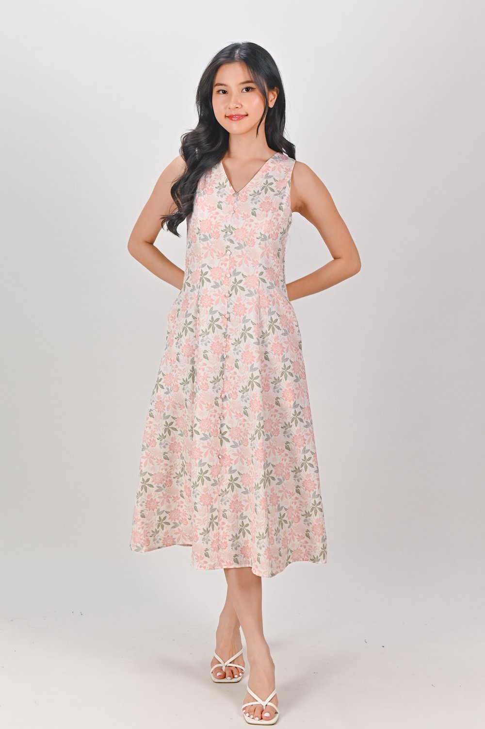 CAMY PEACH GARDEN SLEEVELESS BUTTON MIDI DRESS CAMY PEACH GARDEN SLEEVELESS BUTTON MIDI DRESS