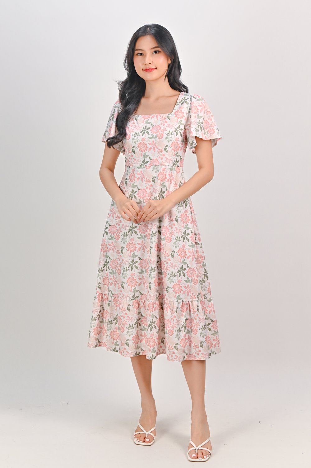 CAMY PEACH GARDEN SQUARE-NECK SLEEVED MIDI DRESS CAMY PEACH GARDEN SQUARE-NECK SLEEVED MIDI DRESS