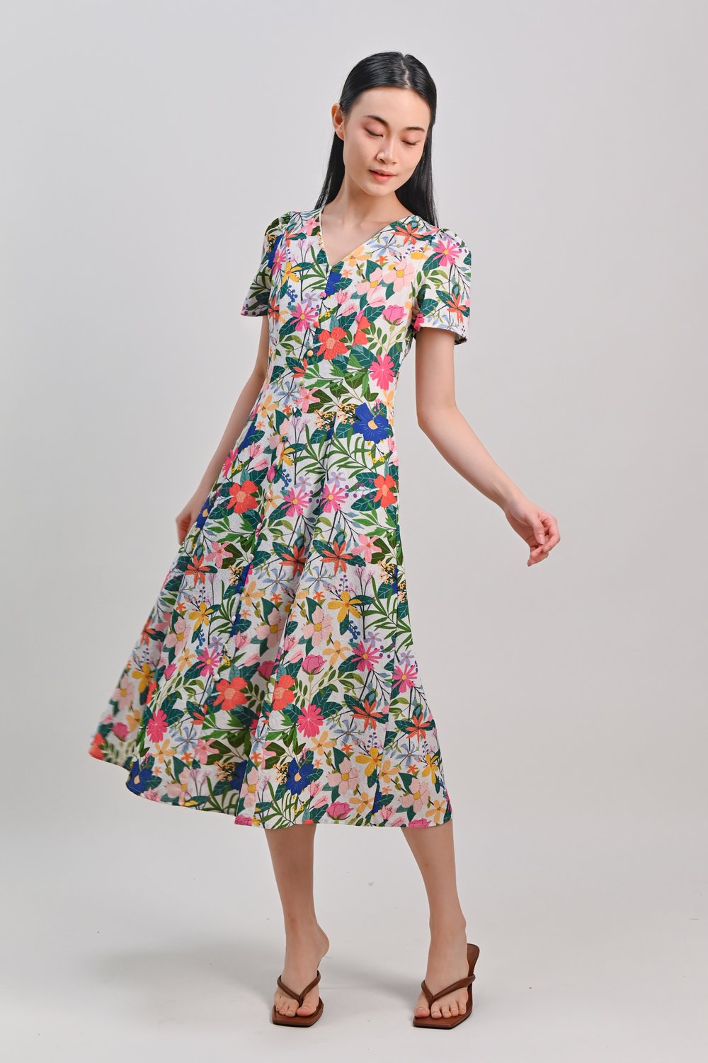 AMMIE FLORAL V-NECK SLEEVED BUTTON MIDI DRESS AMMIE FLORAL V-NECK SLEEVED BUTTON MIDI DRESS
