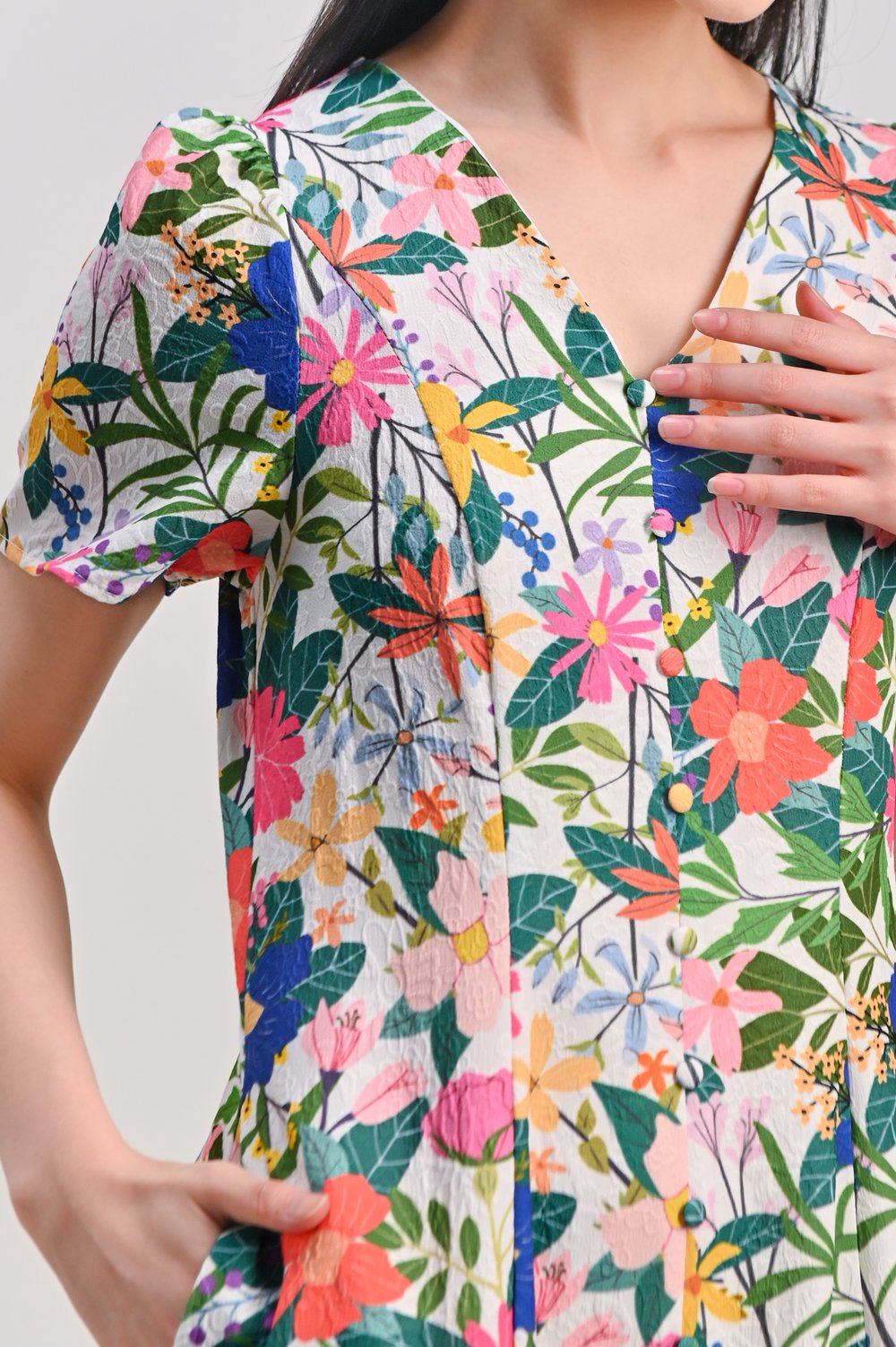 AMMIE FLORAL V-NECK SLEEVED BUTTON MIDI DRESS AMMIE FLORAL V-NECK SLEEVED BUTTON MIDI DRESS