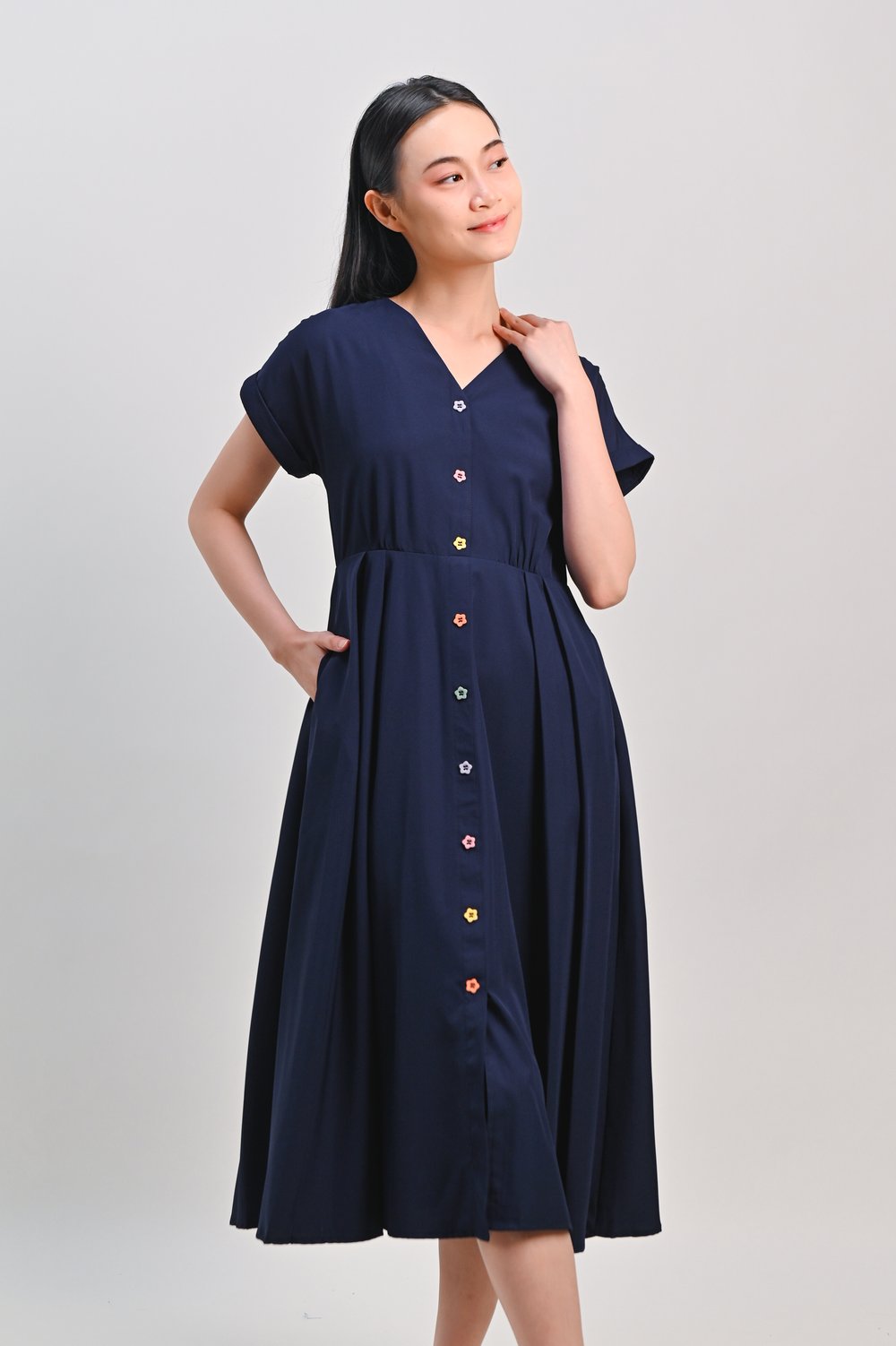 SERYN COLOURFUL-BUTTON SLEEVED DRESS IN NAVY SERYN COLOURFUL-BUTTON SLEEVED DRESS IN NAVY