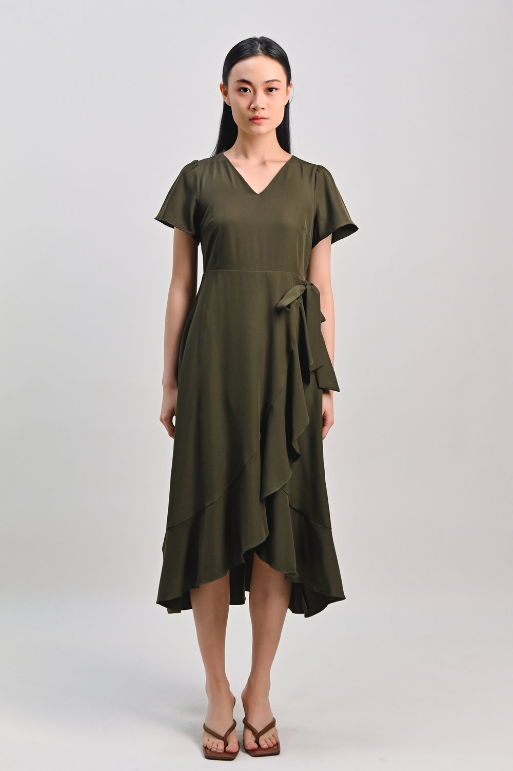 ROISIN SLEEVED FAUX-WRAP RUFFLE DRESS IN GREEN ROISIN SLEEVED FAUX-WRAP RUFFLE DRESS IN GREEN