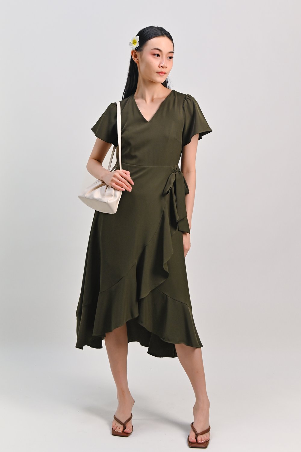ROISIN SLEEVED FAUX-WRAP RUFFLE DRESS IN GREEN ROISIN SLEEVED FAUX-WRAP RUFFLE DRESS IN GREEN