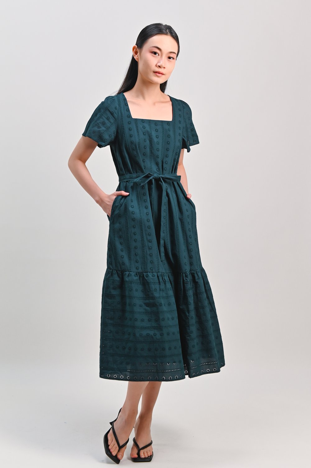 KEZIA EYELET SQUARE-NECK DRESS IN FOREST
