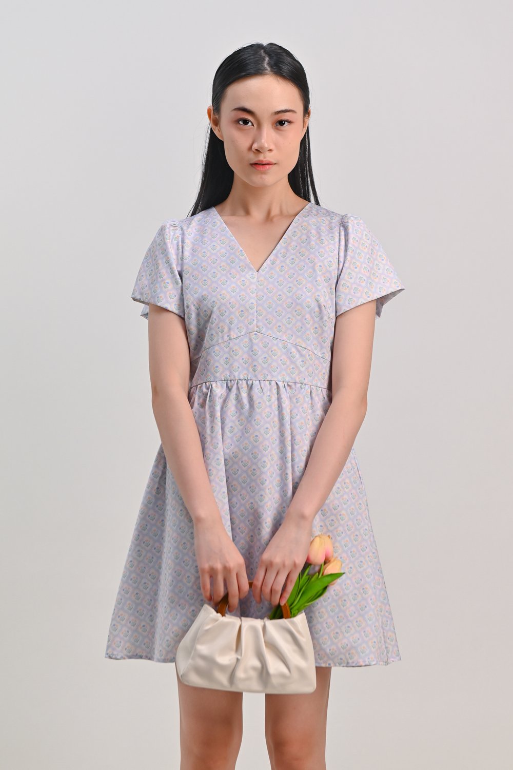 BLUE PASTEL BOUQUET V-NECK SLEEVED DRESS-ROMPER BLUE PASTEL BOUQUET V-NECK SLEEVED DRESS-ROMPER