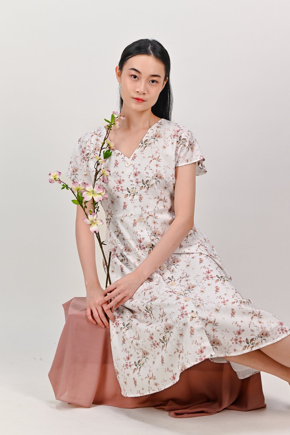 THALASSA WHITE FLORAL SLEEVED BUTTON DRESS THALASSA WHITE FLORAL SLEEVED BUTTON DRESS