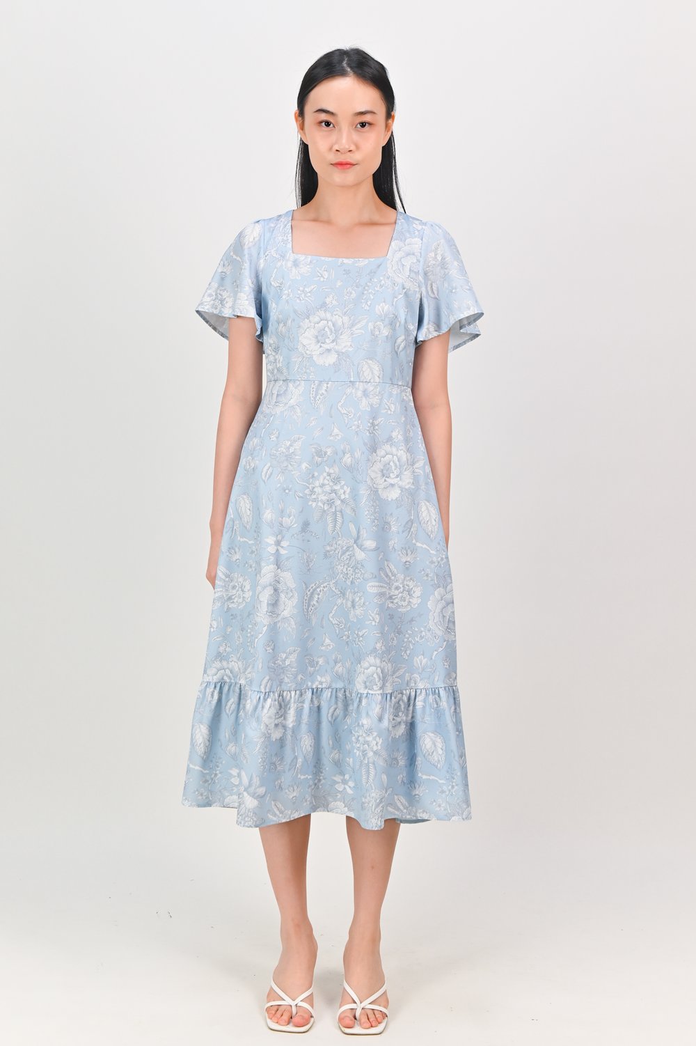 BLUE PORCELAIN BLOOMS SQUARE-NECK SLEEVED MIDI DRESS BLUE PORCELAIN BLOOMS SQUARE-NECK SLEEVED MIDI DRESS