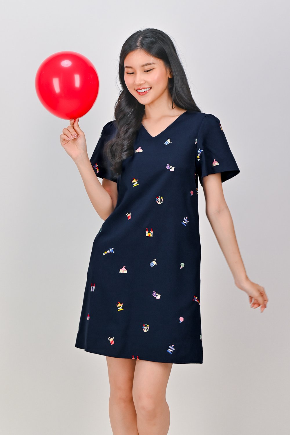 CARNIVAL NAVY EMB. SLEEVED SHIFT DRESS
