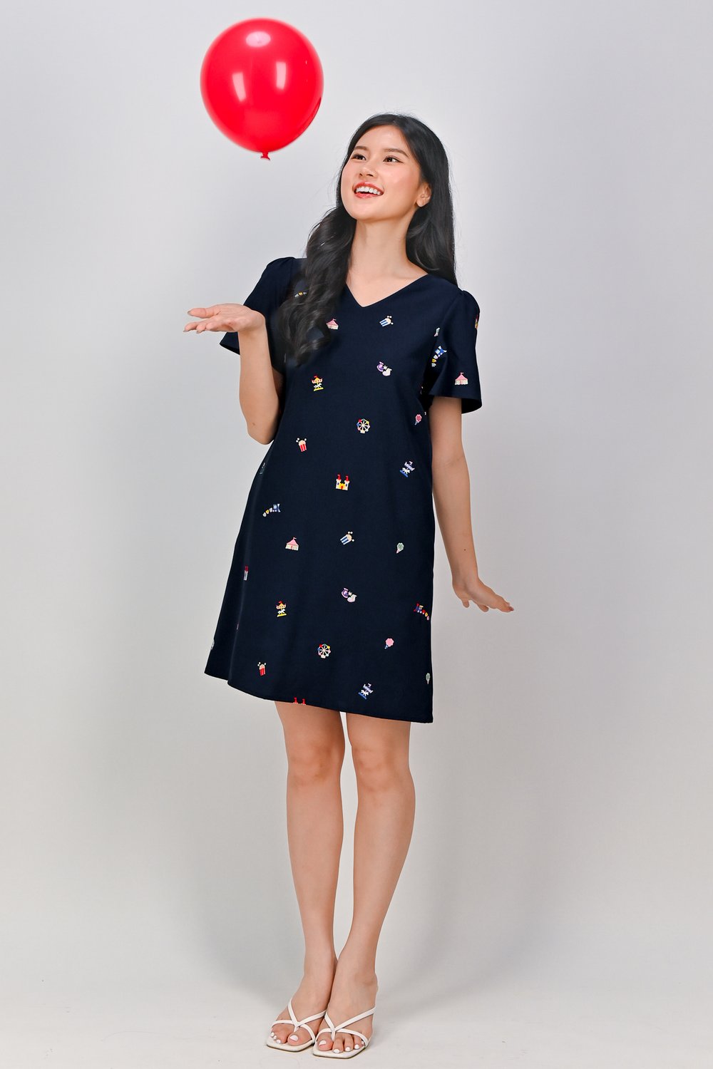 CARNIVAL NAVY EMB. SLEEVED SHIFT DRESS