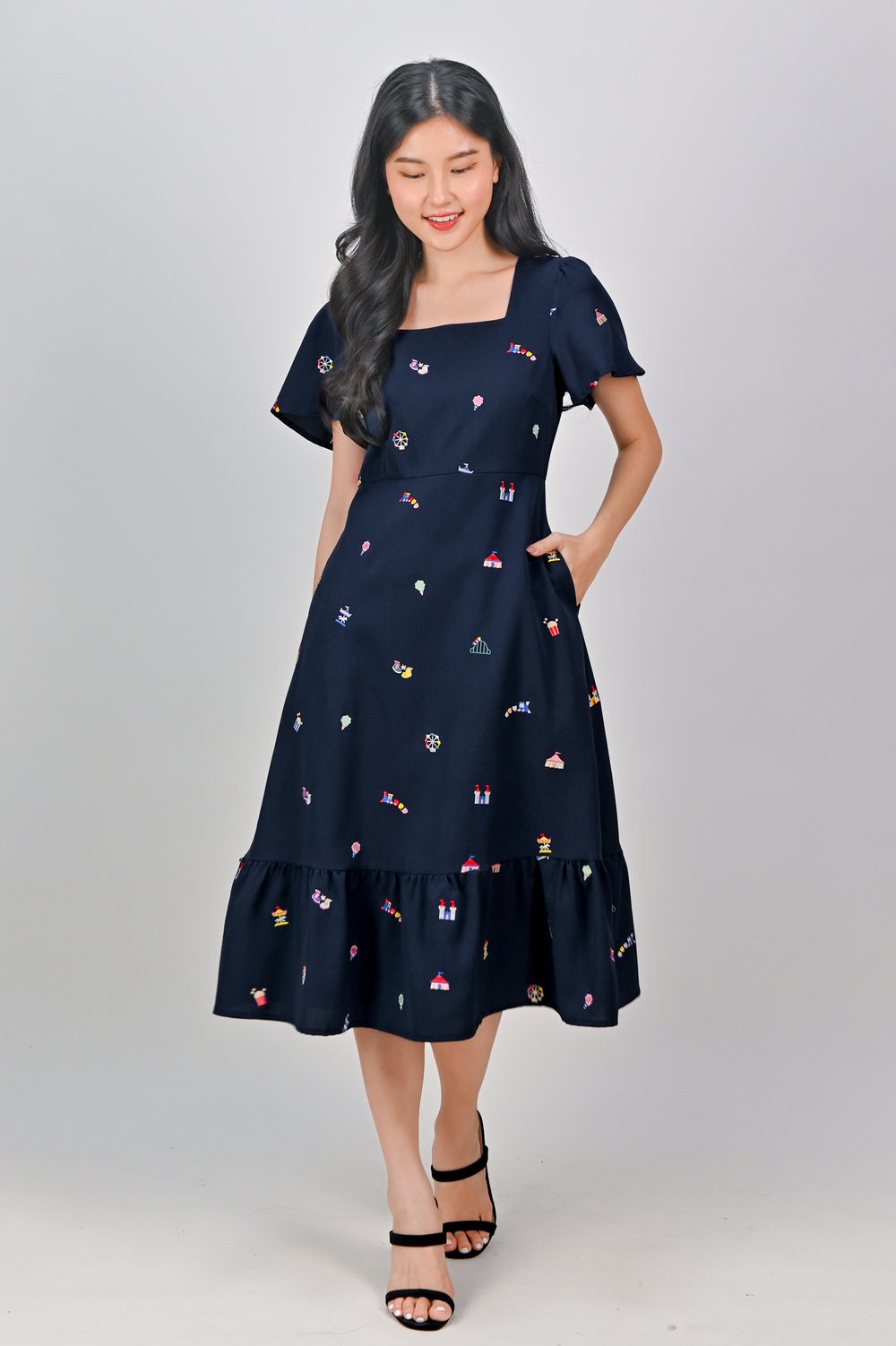 CARNIVAL NAVY EMB. SQUARE-NECK SLEEVED DRESS CARNIVAL NAVY EMB. SQUARE-NECK SLEEVED DRESS