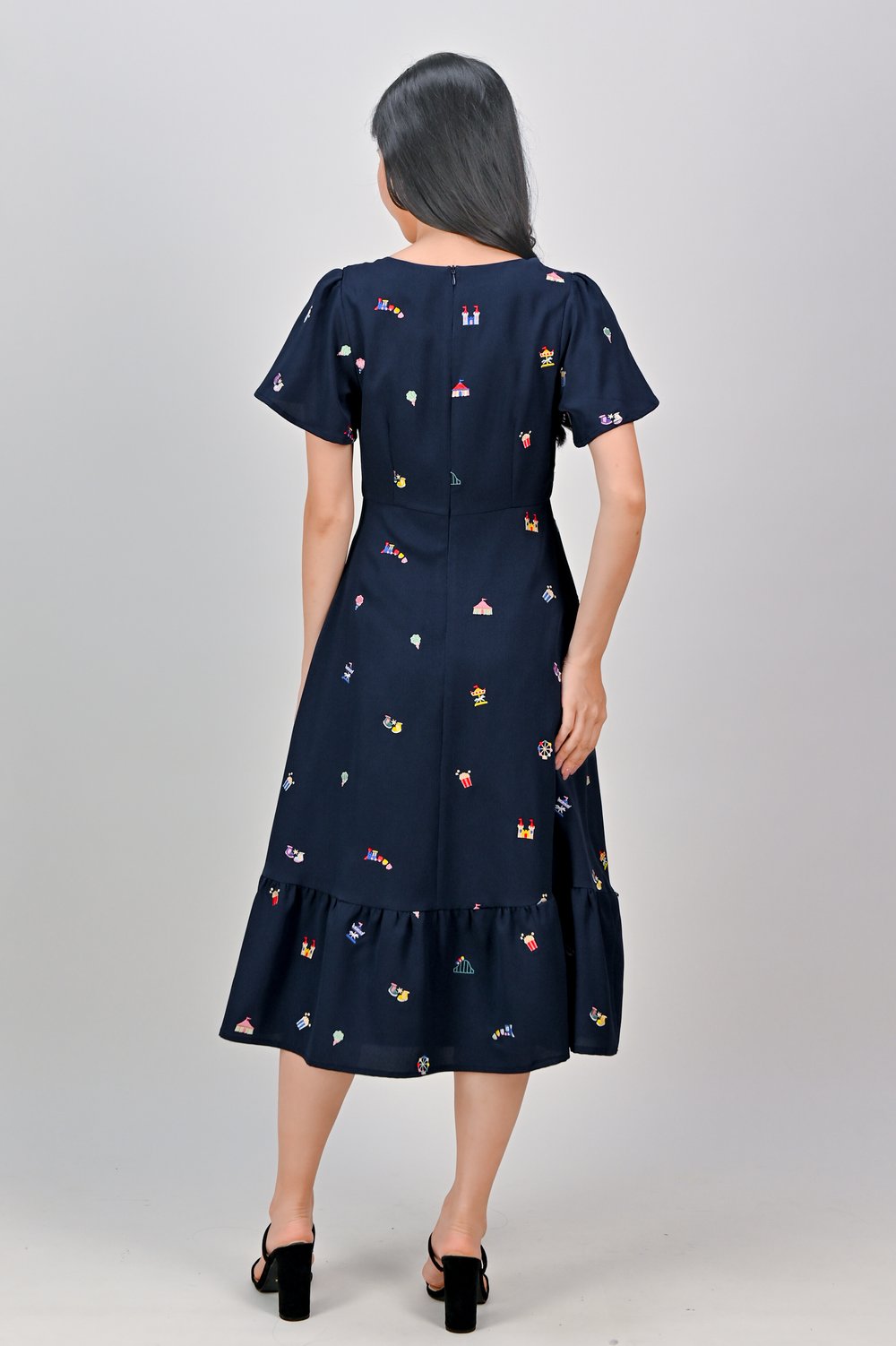 CARNIVAL NAVY EMB. SQUARE-NECK SLEEVED DRESS