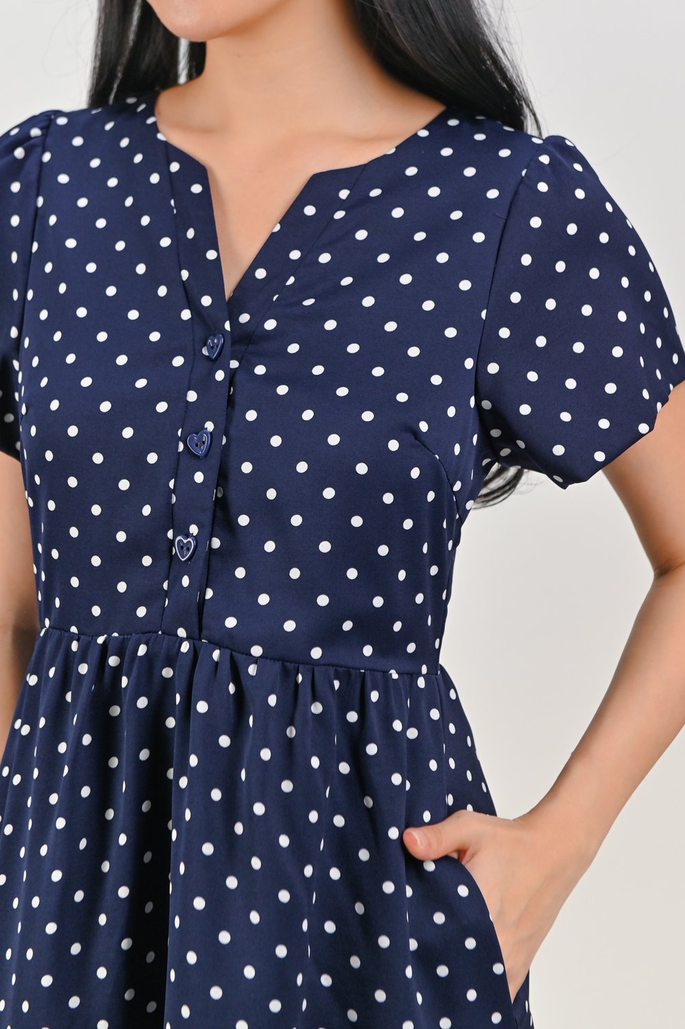MOMOKO NAVY POLKA BUTTON FLOUNCE DRESS MOMOKO NAVY POLKA BUTTON FLOUNCE DRESS