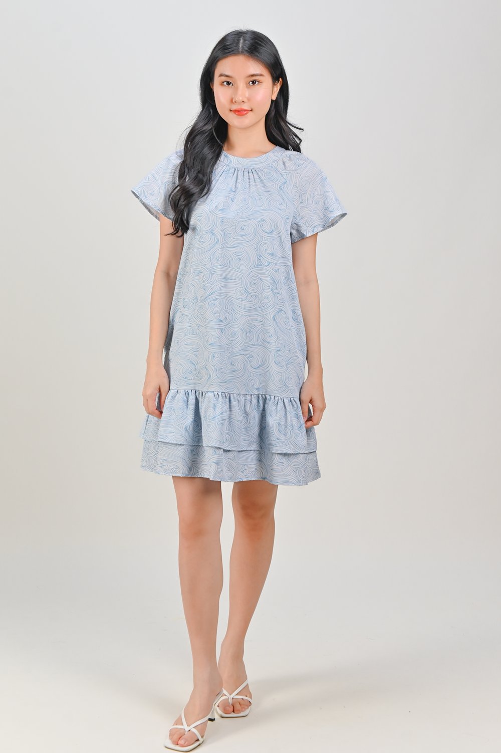 VESPER ROUND-NECK FLOUNCE DRESS IN BLUE SWIRL VESPER ROUND-NECK FLOUNCE DRESS IN BLUE SWIRL