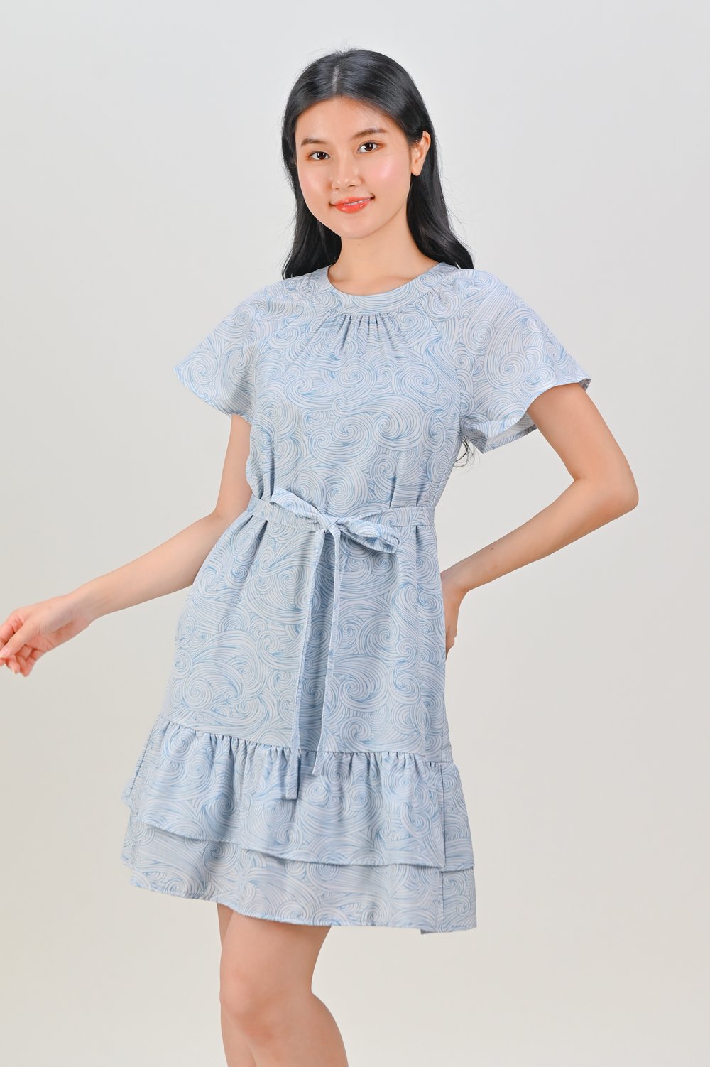 VESPER ROUND-NECK FLOUNCE DRESS IN BLUE SWIRL VESPER ROUND-NECK FLOUNCE DRESS IN BLUE SWIRL