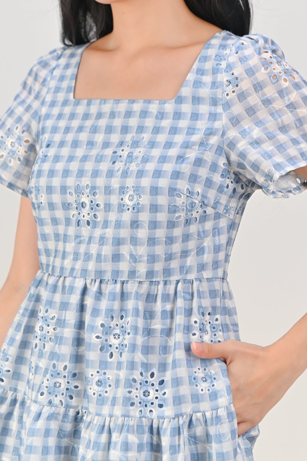 SHIZUKU GINGHAM EYELET BABYDOLL DRESS IN BLUE SHIZUKU GINGHAM EYELET BABYDOLL DRESS IN BLUE
