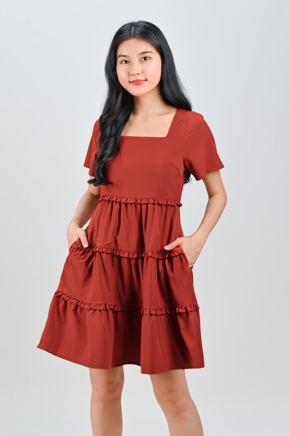 ALTANE SQUARE-NECK FRILL DRESS IN BRICK RED
