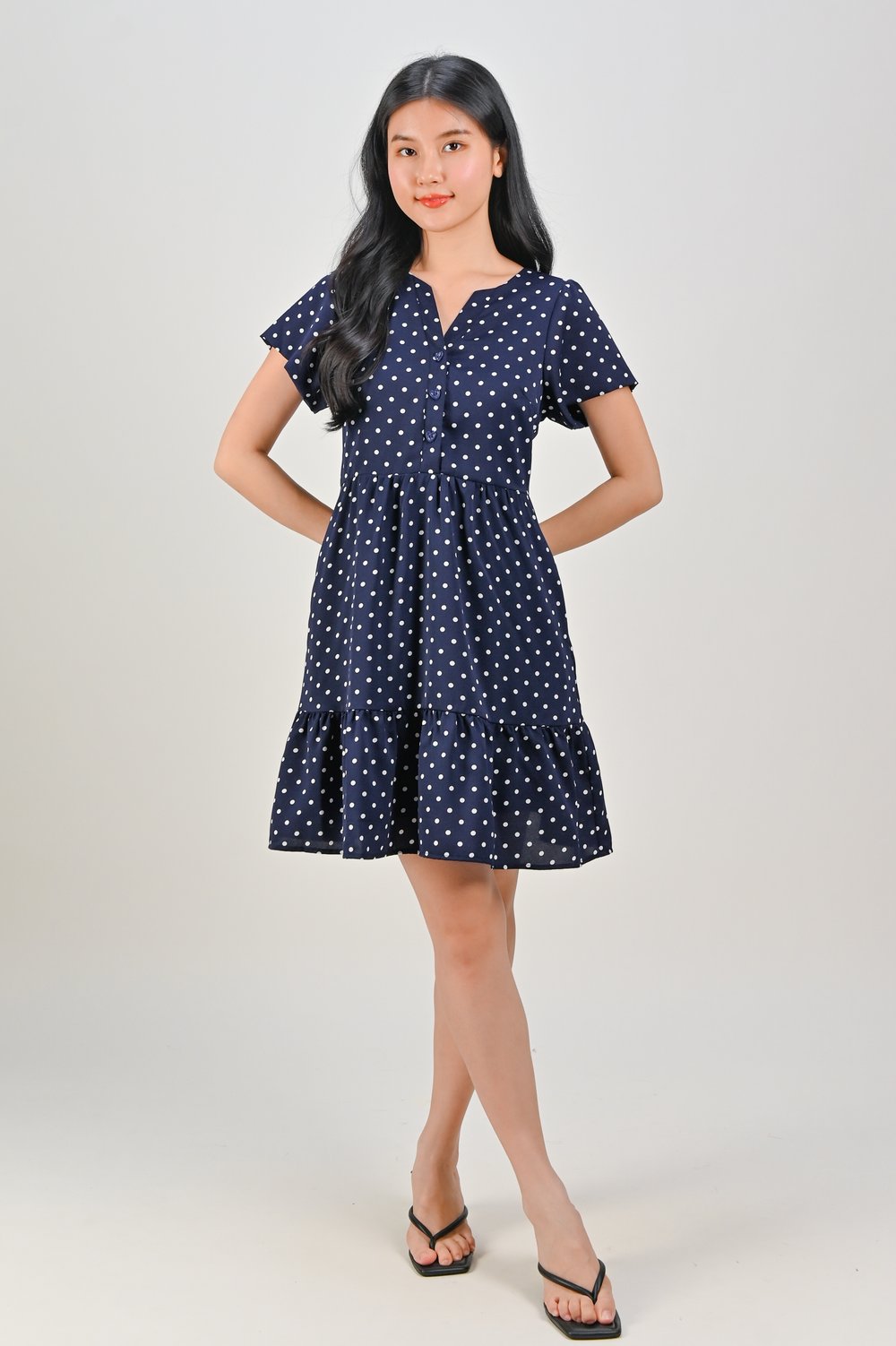 MOMOKO NAVY POLKA BUTTON FLOUNCE DRESS MOMOKO NAVY POLKA BUTTON FLOUNCE DRESS