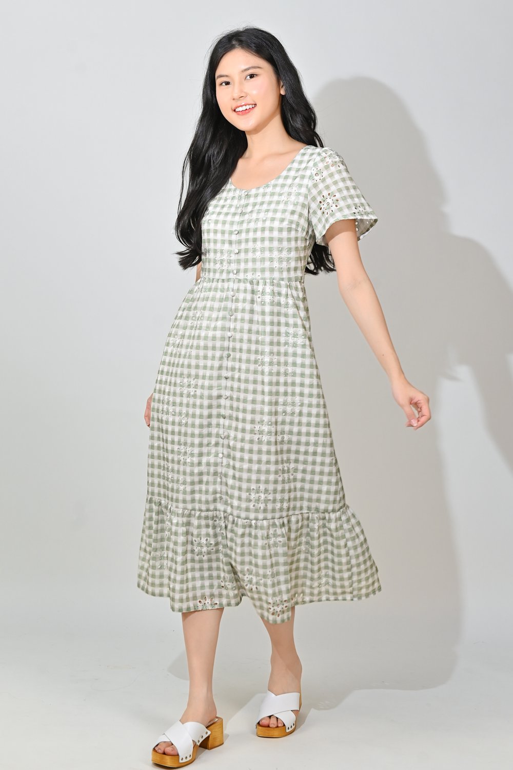 KIYOMI GINGHAM EYELET SCOOP-NECK DRESS IN GREEN