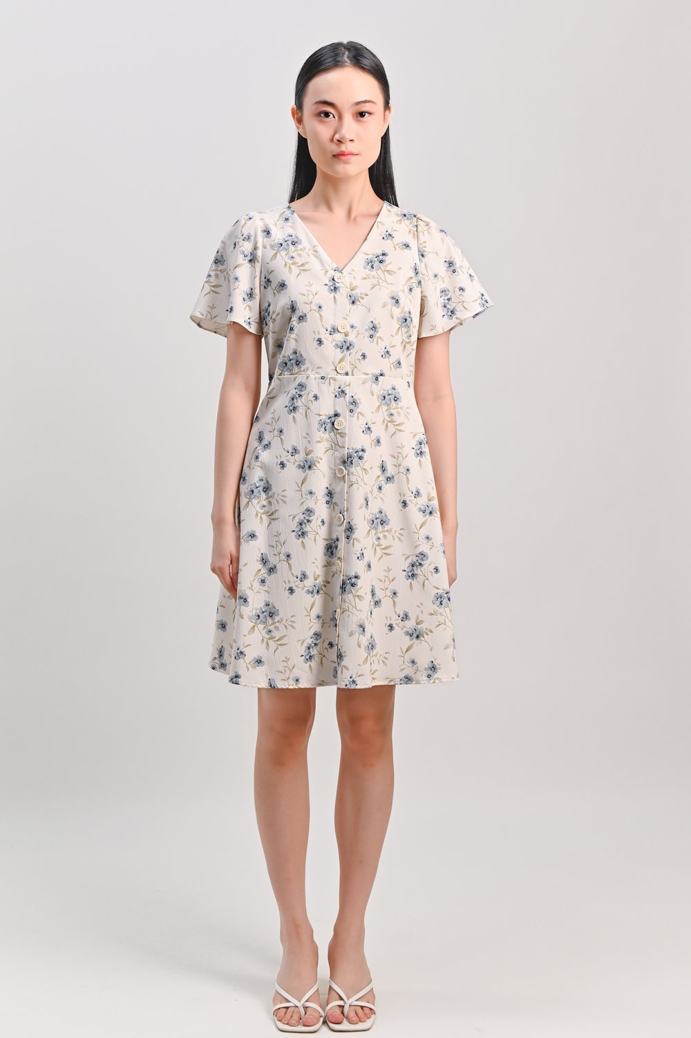 ORIENA BLUE FLORAL SLEEVED BUTTON DRESS ORIENA BLUE FLORAL SLEEVED BUTTON DRESS