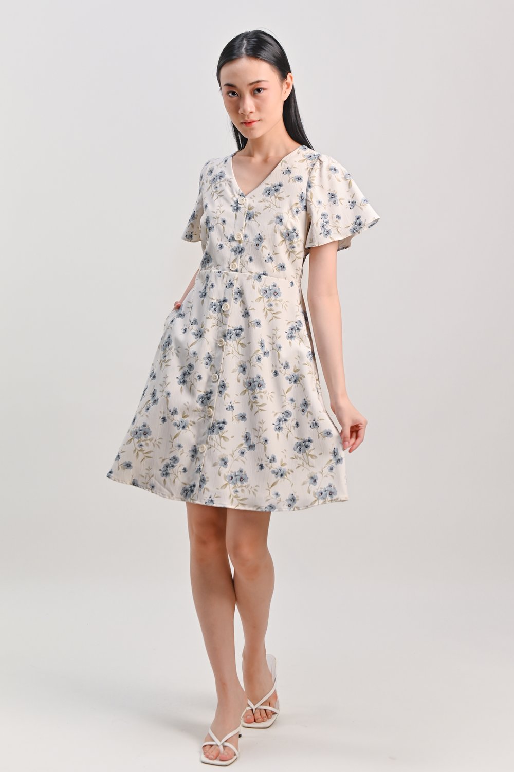 ORIENA BLUE FLORAL SLEEVED BUTTON DRESS