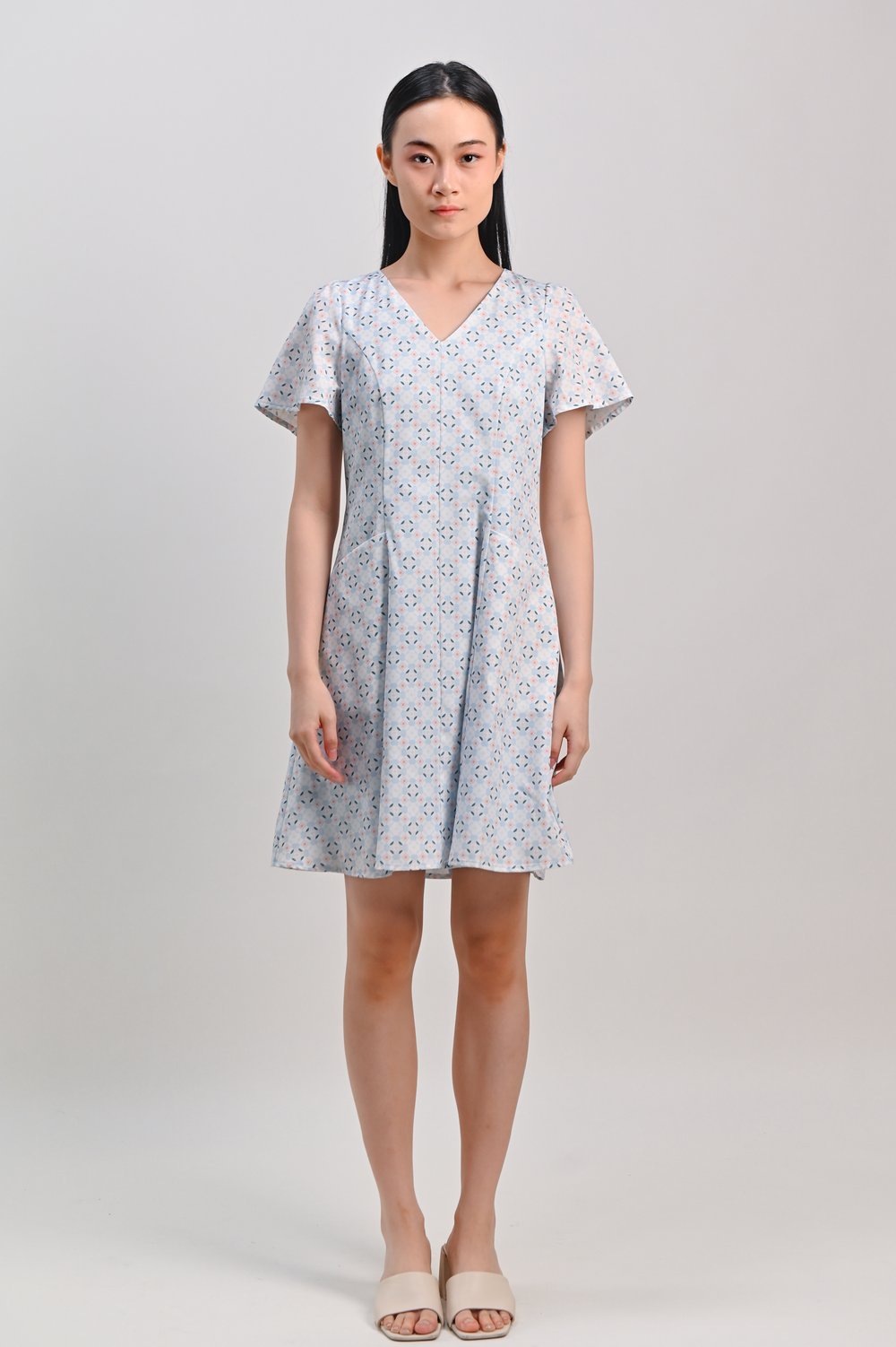 ICE BLUE JADE SLEEVED PANELLED DRESS