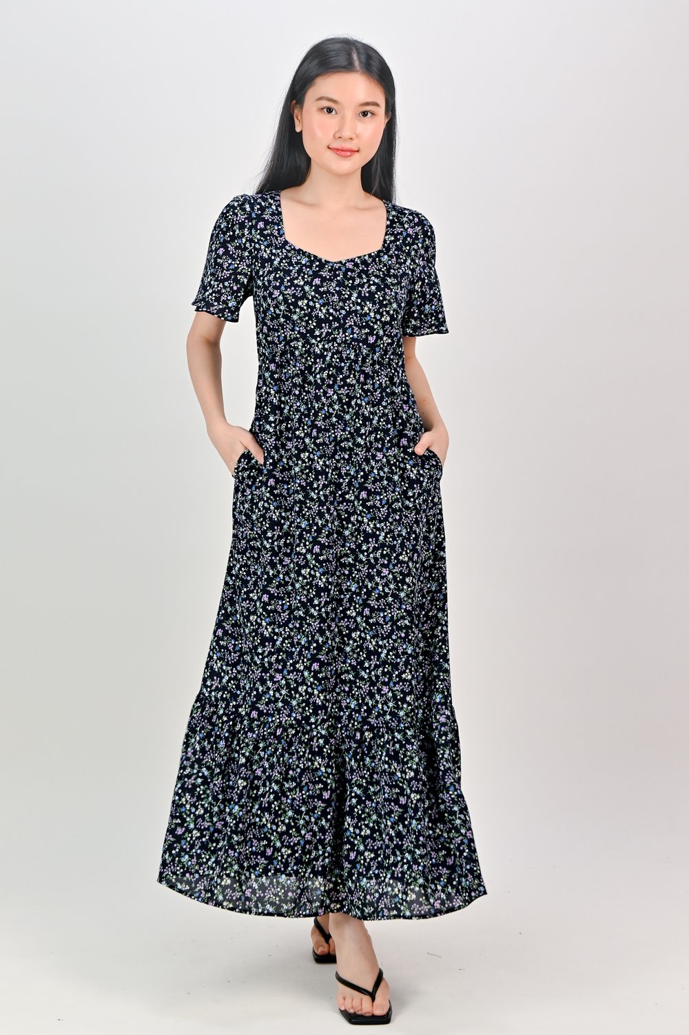 ONDINE NAVY FLORAL SWEETHEART SLEEVED MAXI DRESS