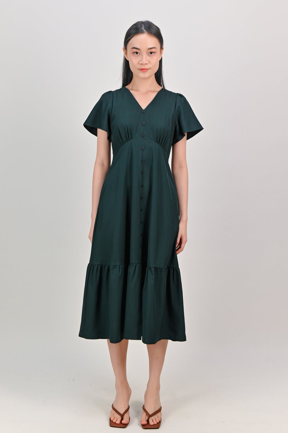 BYRNE SLEEVED BUTTON MIDI DRESS IN FOREST